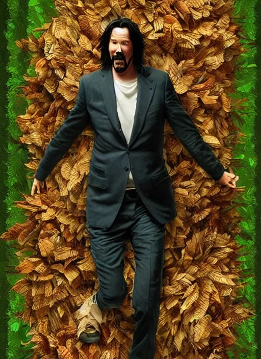 Image similar to highly detailed comedy caper movie poster with silly wacky zany keanu reeves as a sentient pile of leaves, keanu reeves green face as a sentient leafy bush by greg rutkowski, masterpiece, really funny, 1 0 / 1 0 comedy