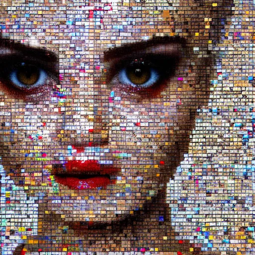 Image similar to portrait mosaic of a beautiful cute girl with robot ears and eyes, 4k, intricate details