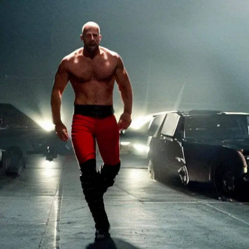 Prompt: a scene of jason statham as wrestler entering entrances, with pyro