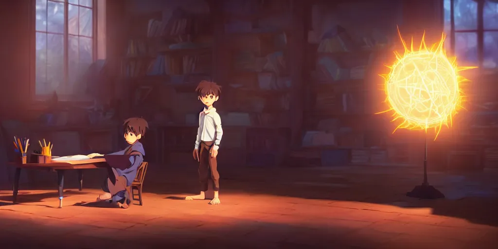 Image similar to a young boy mage with a brown cloak is standing at his desk working on a new spell, colorful, flowing energy, light rays, anime boy, boy, medium shot, waist up, pixar and disney animation, sharp, rendered in unreal engine 5, by greg rutkowski and makoto shinkai, bloom, dramatic lighting, cinematic