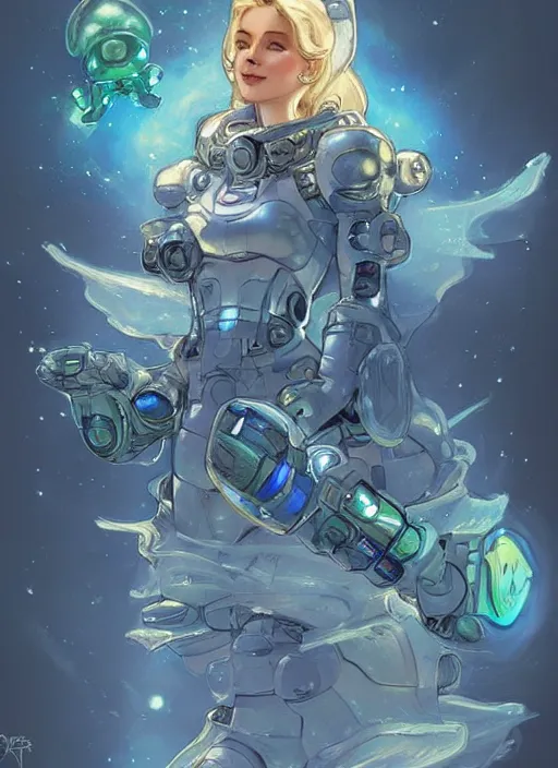 Image similar to beautiful space cottagecore, princess rosalina!!!, holding a small robot wearing a scifi jetsuit, intricate bioluminescent highly detailed, digital painting, artstation, concept art, smooth, sharp, focus, illustration, art by artgerm and ilya kushvikov and alphonse mucha