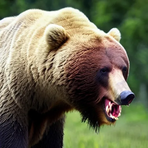 Image similar to a bloodthirsty bear, raised up on one side, with three ribs in its mouth between its teeth