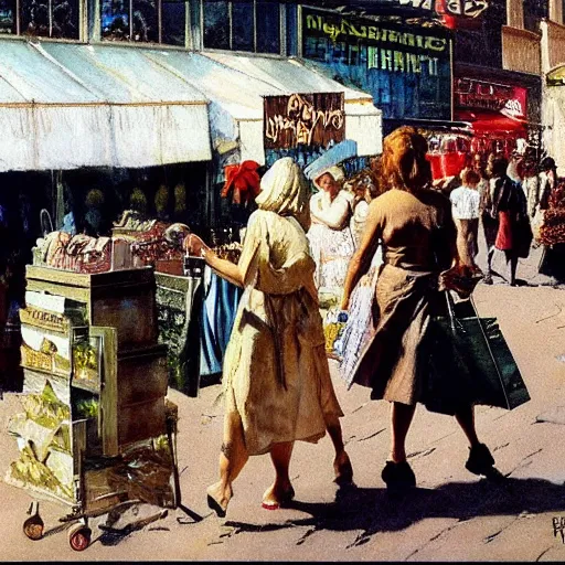 Image similar to action scene of women shopping, oil painting by frank frazetta and norman rockwell, cinematic, hyperreal, intense, highly textured, wide angle, insanely detailed, god rays, 3 5 mm, shallow depth of field