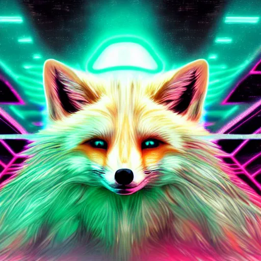 Prompt: digital greenest and whiter fox, retrowave palette, digital world, highly detailed, electric breeze, anatomically correct vulpine, synth feel, fluffy face, ear floof, flowing fur, super realism, accurate animal imagery, 4 k digital art