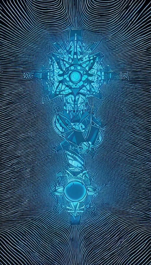 Image similar to a black background with a blue and white design, vector art by xul solar, featured on artstation, nuclear art, quantum wavetracing, fractalism, angular