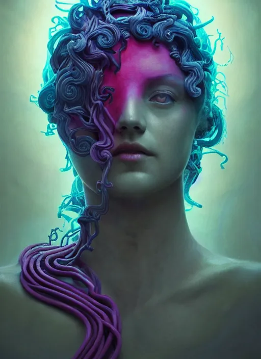 Image similar to medusa made of soft wax, wooden art nouveau swirls, strong subsurface scattering, cables, translucent tubes, subsurface scattering, in the style of ruan jia and beeple and giger, subsurface scattering, mystical colors, rim light, dramatic lighting, 8 k, stunning scene, raytracing, octane render, trending on artstation