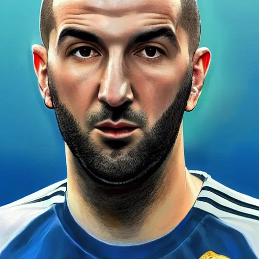 Prompt: A realistic hyperdetailed wide-shot digital oil portrait painting of an benzema in the style of quentin tarantino