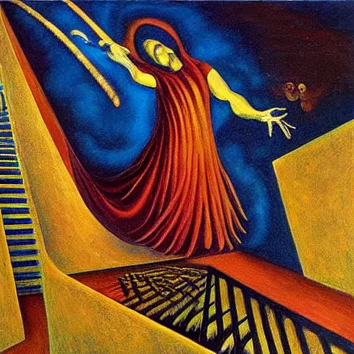 Image similar to “ stairway to heaven, oil painting by remedios varo, bright colors, epic scale ”