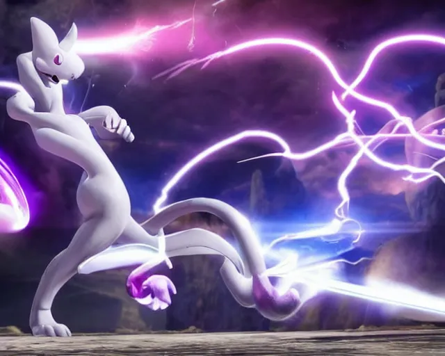 Image similar to mewtwo fighting frieza epic battle, unreal engine, lightning, beams of light, wide angle, highly detailed