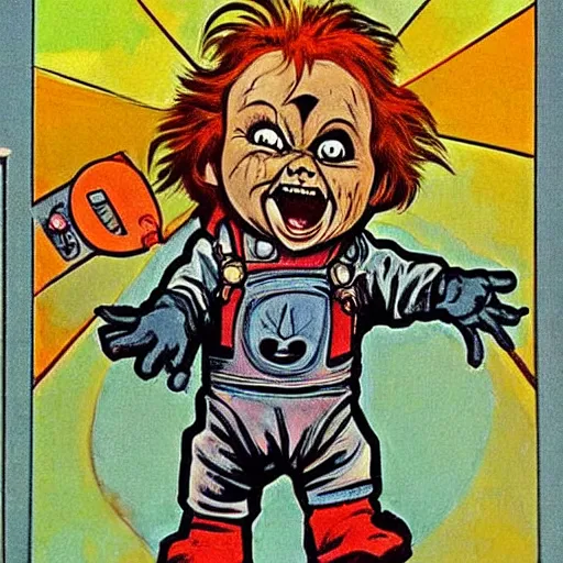 Image similar to a cute little chucky doll screaming. he is dressed as an astronaut. well composed, clean elegant painting, beautiful detailed face. comic book art by steve ditko and jack kirby and ( alphonse mucha )