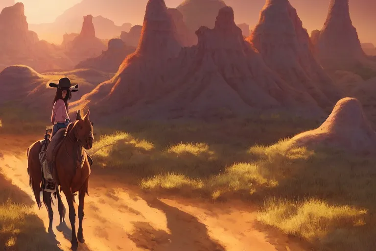 Prompt: western cowgirl in the badlands, single subject, scenic full shot, ambient lighting, detailed face, by makoto shinkai, stanley artgerm lau, wlop, rossdraws