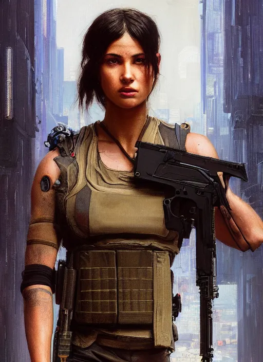 Image similar to 🤸🏿♀. cyberpunk police trooper in a military vest ( blade runner 2 0 4 9, cyberpunk 2 0 7 7 ). orientalist portrait by john william waterhouse and james gurney and theodore ralli and nasreddine dinet, oil on canvas. cinematic, hyper realism, realistic proportions, dramatic lighting, high detail 4 k