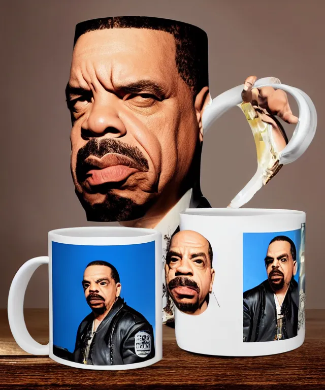 Prompt: a picture of ice - t rapper printed on the side of a mug full of iced tea, product showcase, studio lighting