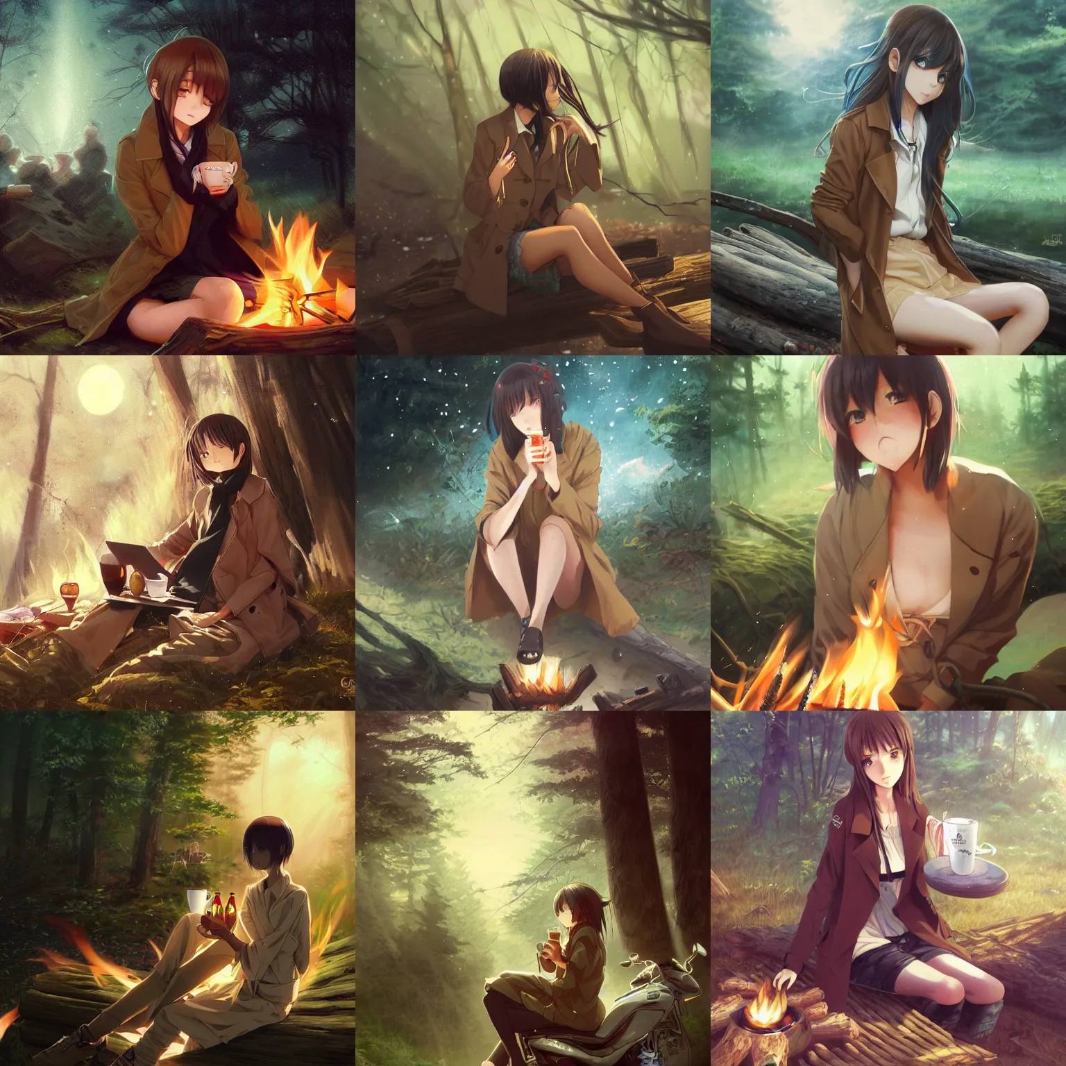 Prompt: An anime girl by WLOP with short black hair and green eyes in a tan trenchcoat sitting on a log and drinking tea by the campfire by her motorcycle at night under the stars, evocative, mystical night, very very very very detailed, award winning, masterpiece digital painting by Greg Rutkowski, Alex Grey, artstation, 4k wallpaper