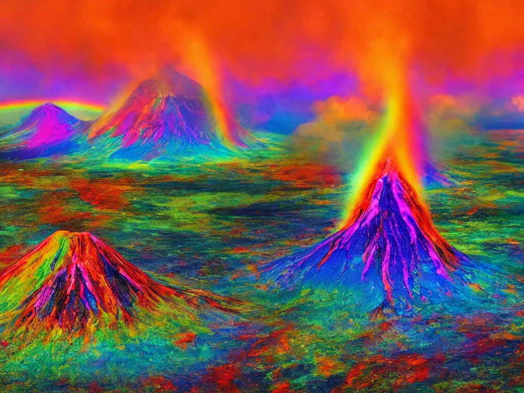 Prompt: rainbow volcano psychedelic art, 4 k