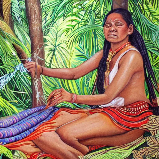 Prompt: a beautiful painting of an indigenous female doing crafting of a fabric in the jungle, realistic face, ayahuasca, fantasy art style