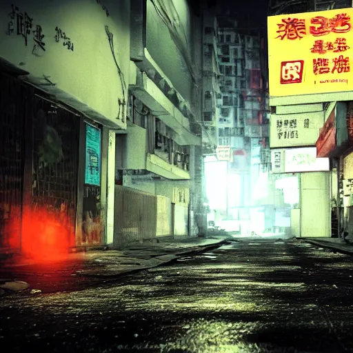 Prompt: dirty, dark, streets of Hong kong, a creepy orange mist through the streets, blood puddles on the floor, debris on the floor, cinematic lighting, a scary monster looking at the camera, postal 1 loading screens style-W 704