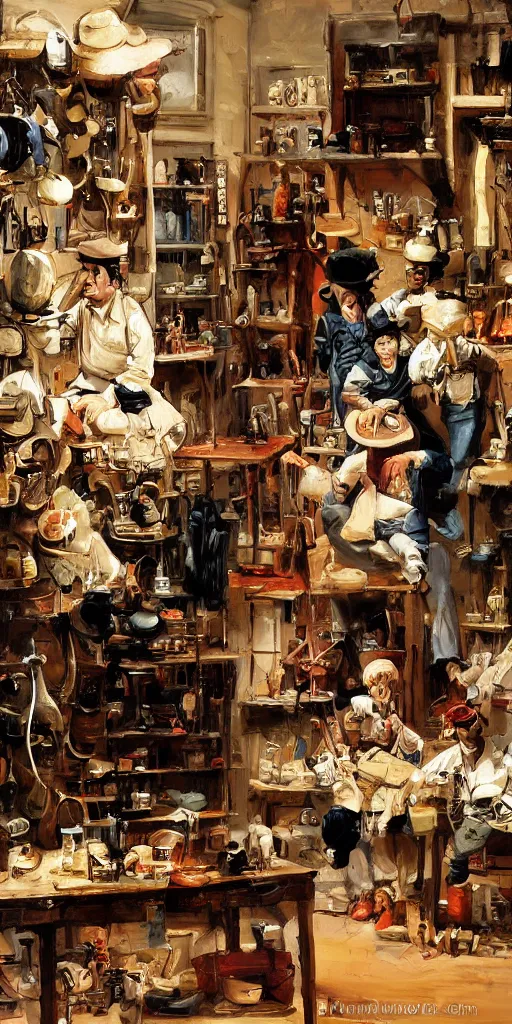 Image similar to oil painting scene from shoemaker's shop by kim jung gi