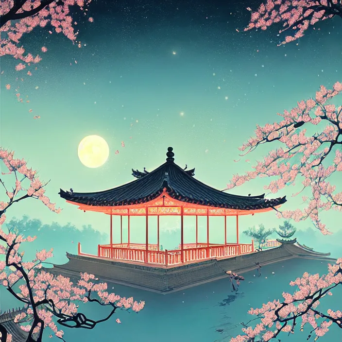 Prompt: illustrations of At night, willows and peach trees full of peach blossoms are strewn at random on both sides of the pavilions, and the bright moon is directly above the pavilions, Chinoiserie，light effect. By Victo Ngai and Cyril Rolando