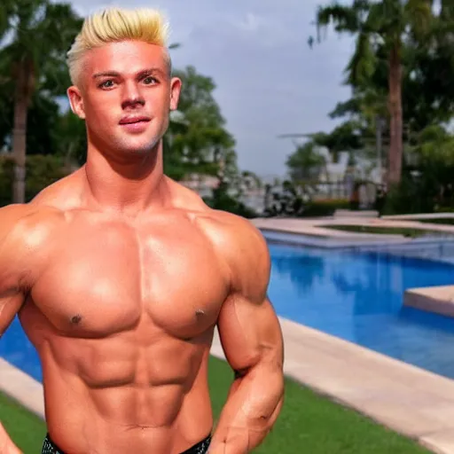 Image similar to a handsome male fitness model with blonde hair, ken, who is a male android, muscular, wearing a cut - off pink top and short light orange shorts, stands by a swimming pool, facing forward