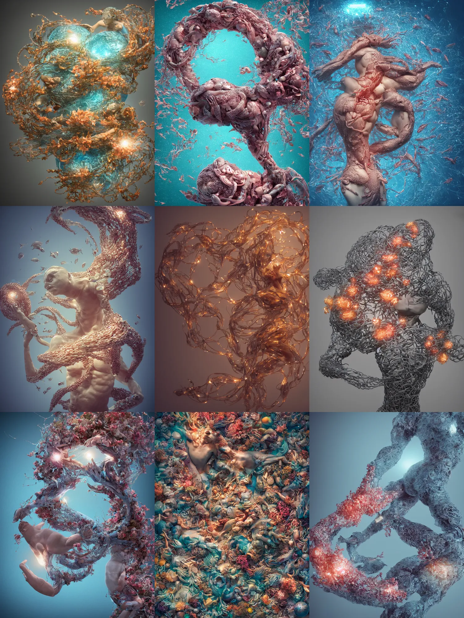 Prompt: a sculpture of fish ocean intertwined, led lighting, a lovely cornucopia of flowers and human body parts, body parts, highly detailed, octane render, cinematic, shock, sharp focus, ball, an independent psycho, clean, studio lighting, heart shaped
