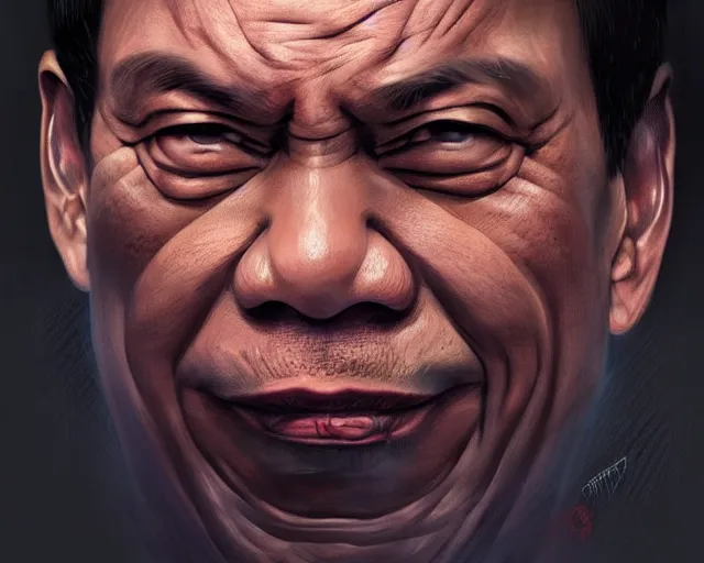 Image similar to rodrigo duterte face in a donut, detailed intricate illustration, dark atmosphere, detailed illustration, hd, 4 k, digital art, overdetailed art, by greg rutkowski, by loish, complementing colors, trending on artstation, deviantart