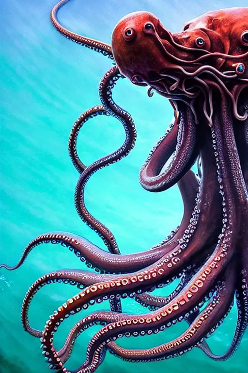 Image similar to hyperrealistic close-up surrealism underwater octopus chimera monster!!! highly detailed concept art eric zener elson peter cinematic hard green lighting high angle hd 8k sharp shallow depth of field, inspired by David Paul Cronenberg and Zdzisław Beksiński