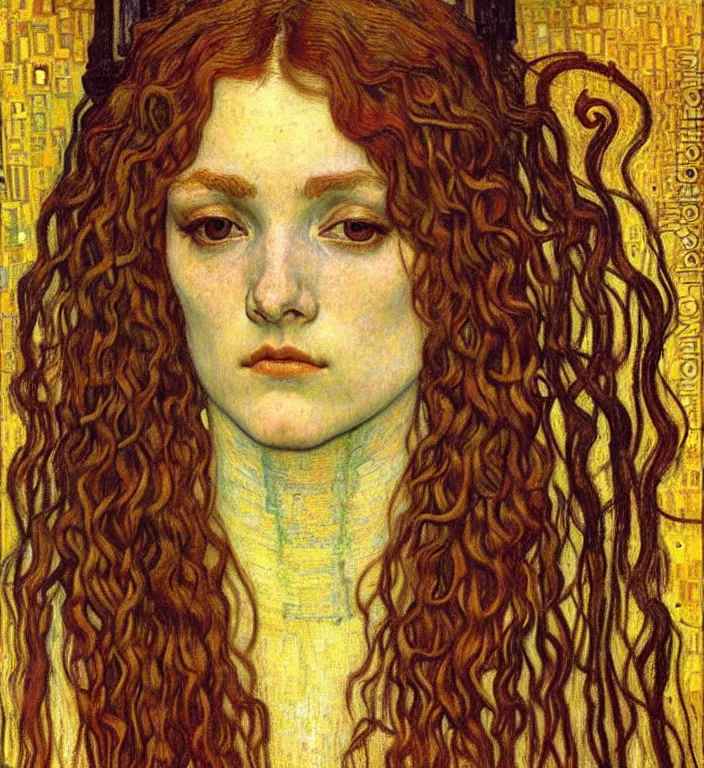 Image similar to detailed realistic beautiful young medieval queen face portrait by jean delville, gustav klimt and vincent van gogh, art nouveau, symbolist, visionary, gothic, pre - raphaelite, muted earthy colors, desaturated