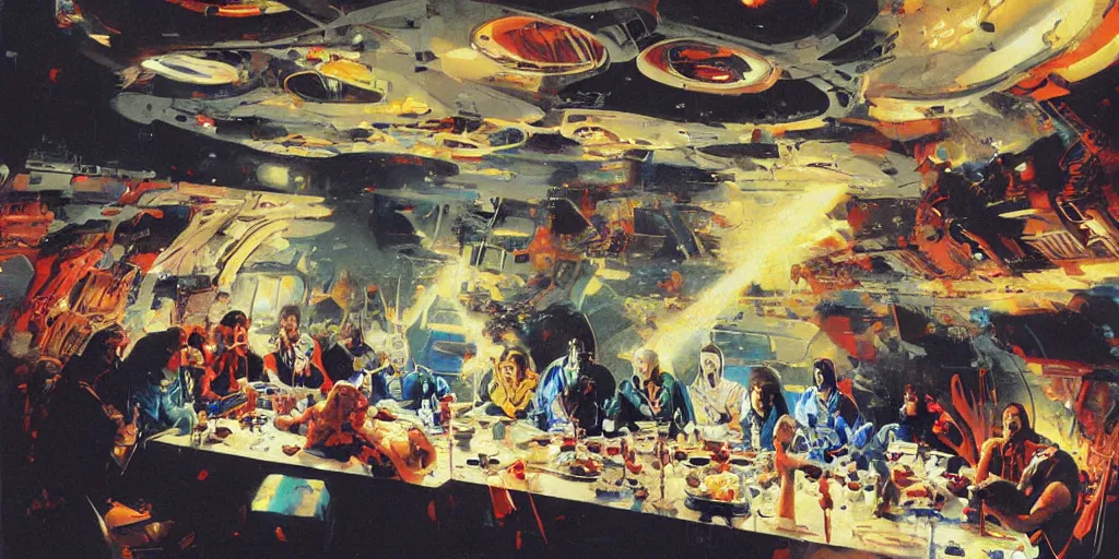Prompt: the last supper in spaceship by john berkey
