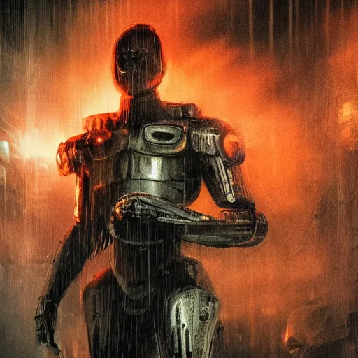 Image similar to mecha made from kitchen utensils, dark messy smoke - filled cluttered workshop, dark, dramatic lighting, orange tint, cinematic, highly detailed, sci - fi, futuristic, movie still from blade runner