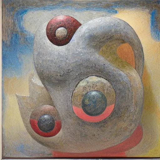 Image similar to a detailed impasto painting by shaun tan and louise bourgeois of an abstract forgotten sculpture by ivan seal and the caretaker