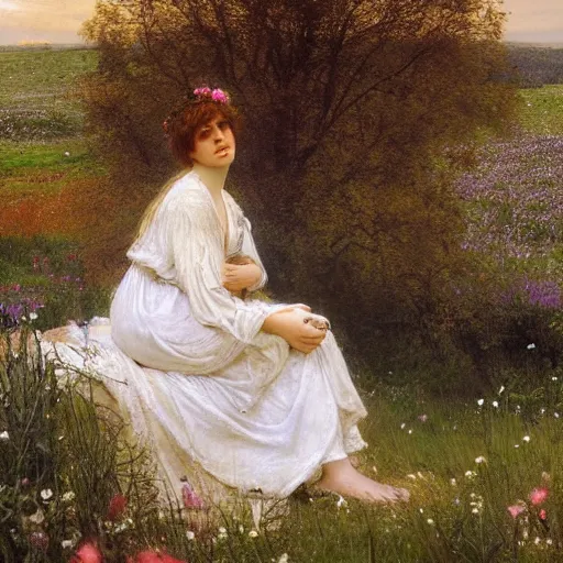 Image similar to a young woman in a flowing white gown sits on a rainbow stone among a wildflower meadow at dawn, in the style of alma tadema, iridescent, diffraction, holographic