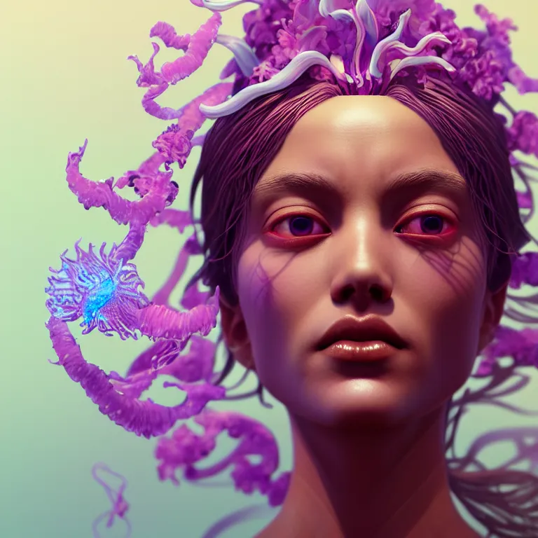 Image similar to goddess full painted acryllic sculpture close-up portrait. orchid bird phoenix jellyfish betta fish, intricate artwork by Tooth Wu and wlop and beeple. octane render, trending on artstation, greg rutkowski very coherent symmetrical artwork. cinematic, hyper realism, high detail, octane render, 8k