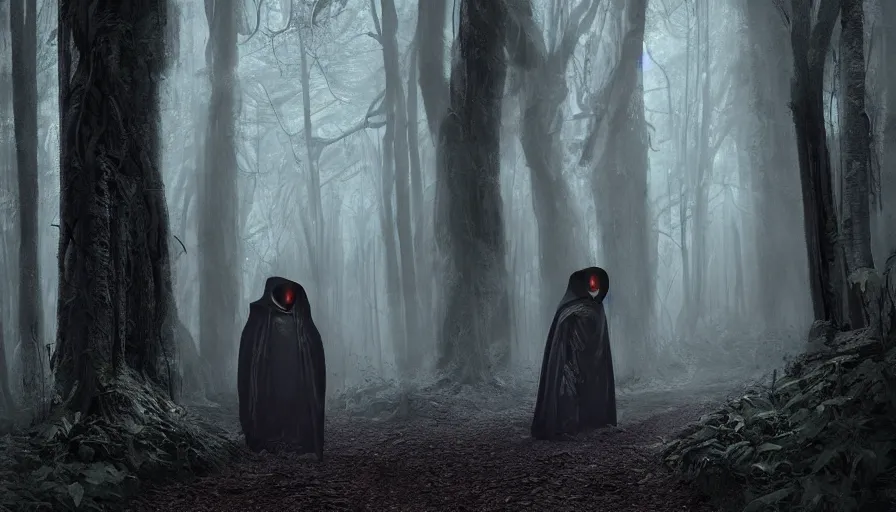 Image similar to portrait of a man in a long flowing hooded cloak and a skull mask on a path of a dark forest, ray traced lighting by Gerald Brom and Greg Rutkowski