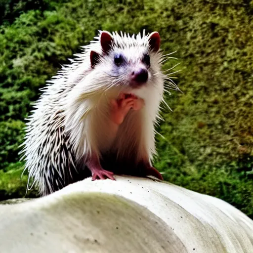 Prompt: a hedgehob sitting on top of a white horse