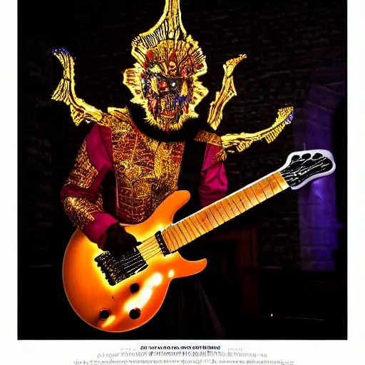 Image similar to uhd candid photo of cosmic dracula playing electric guitar in church, glowing, global illumination, studio lighting, radiant light, detailed, correct face, elaborate intricate costume. photo by annie leibowitz