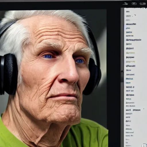 Image similar to A colored colorized real screenshot of Jerma985 as an elderly guy streaming on his computer while wearing headphones, taken in the early 2020s, taken on a 2010s Camera, realistic, hyperrealistic, very realistic, very very realistic, highly detailed, very detailed, extremely detailed, detailed, digital art, trending on artstation, headshot and bodyshot, detailed face, very detailed face, very detailed face, real, real world, in real life, realism, HD Quality, 8k resolution, intricate details, colorized photograph, colorized photon, body and headshot, body and head in view