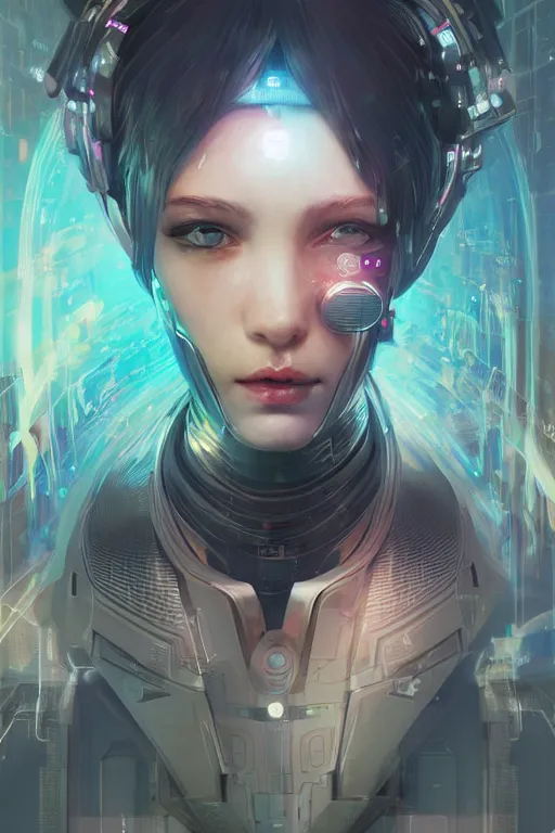 Image similar to portrait futuristic Cyber warrior Girl, in future cyberpunk tokyo rooftop , ssci-fi, fantasy, intricate, very very beautiful, elegant, neon light, highly detailed, digital painting, artstation, concept art, smooth, sharp focus, illustration, art by tian zi and WLOP and alphonse mucha