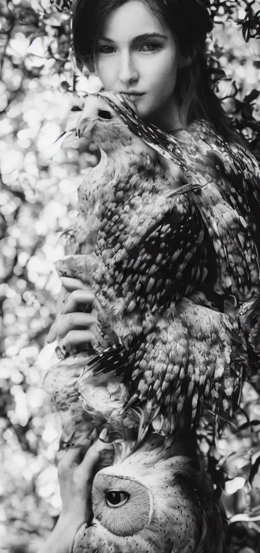 Image similar to head to shoulder portrait film photograph of an elegant top model wearing a yellow kimono with a very detailed barn owl on her shoulder!!! in a tropical greenhouse. looking at the camera!!. super resolution. 85 mm f1.8 lens.bokeh. graflex. by Alessio albi !