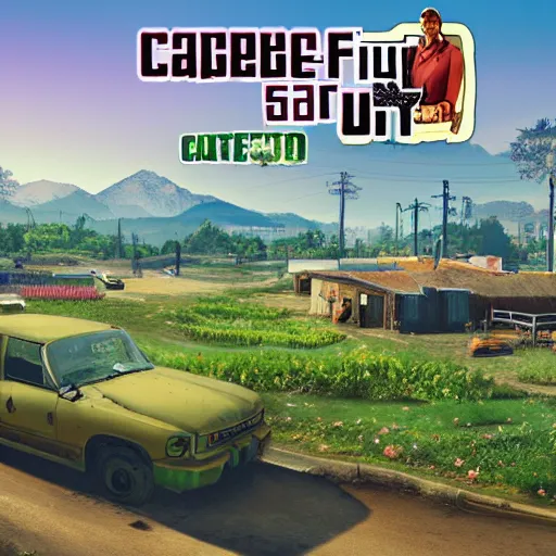 Image similar to cabbage farm, gta 5 loading screen poster, artstation, picturesque, visual novel