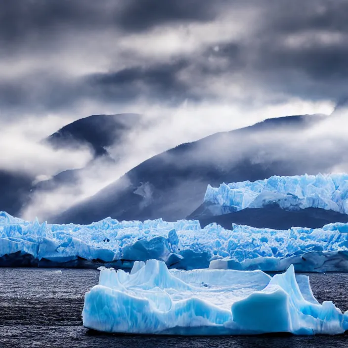 Prompt: award winning photo of floating glacier in the sky surrounded by clouds and mist, mysterious,