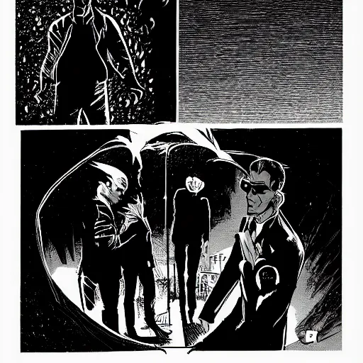 Prompt: An dramatic, comic-book style image of an badass MIB encountering an alien for the first time in a dark field of wheat at night, detailed, ominous