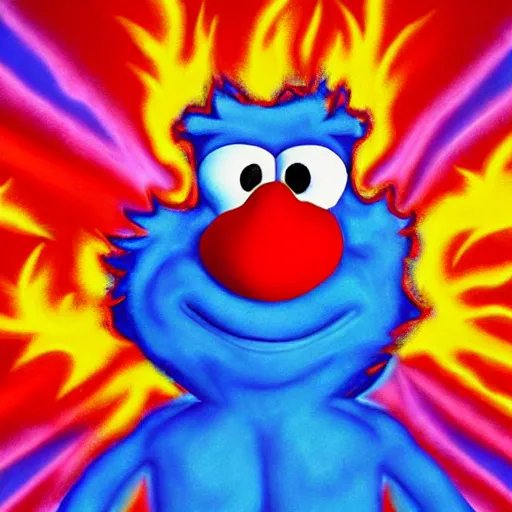 Prompt: portrait of a psychadelic elmo cracked out of his mind