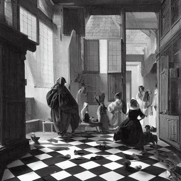 Image similar to pieter de hooch, trending on artstation, highly detailed, black and white checkerboard floor in the middle of the rainforest, intricate, elegant