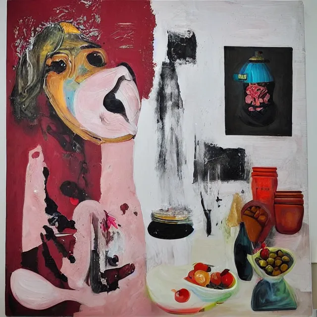 Prompt: “ a portrait in a female art student ’ s apartment, sensual, a pig theme, pork, pottery supplies, pottery work in progress, a candle dripping white wax, pottery glaze, squashed berries, berry juice drips, acrylic and spray paint and oilstick on canvas, surrealism, neoexpressionism ”