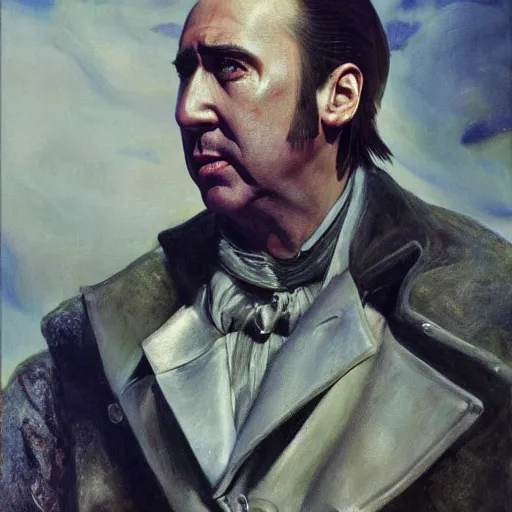 Prompt: Nicolas Cage as an Android, oil on canvas, golden hour, in the world of Andrew Wyeth, artstation, by J. C. Leyendecker and Peter Paul Rubens,