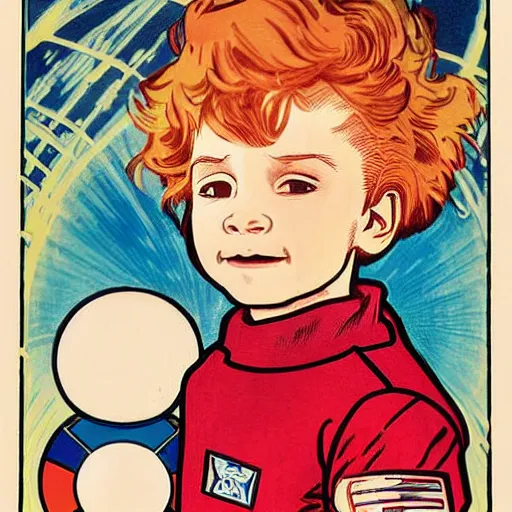 Image similar to a cute little boy with a mischievous face and short ginger hair. he is dressed as an astronaut. well composed, clean elegant painting, beautiful detailed face. comic book art by steve ditko and jack kirby and ( alphonse mucha )