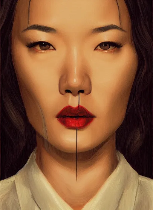 Prompt: twin peaks movie poster art, portrait of shu qi, from scene from twin peaks, clean, simple illustration, nostalgic, domestic, highly detailed, digital painting, artstation, concept art, smooth, sharp focus, illustration, artgerm, donato giancola, joseph christian leyendecker, wlop