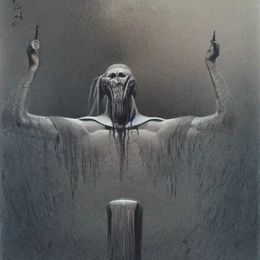 Prompt: Assyrian lamasu by Zdzisław Beksiński,