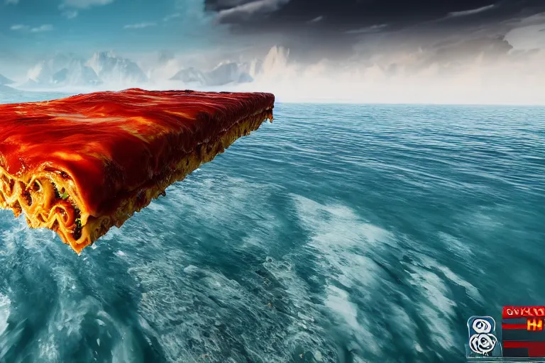 Prompt: the sea made of Lasagna, wide angle, photorealistic, cinematic lighting, high detail, cinematic feel, high octane, 4K, Unreal Engine